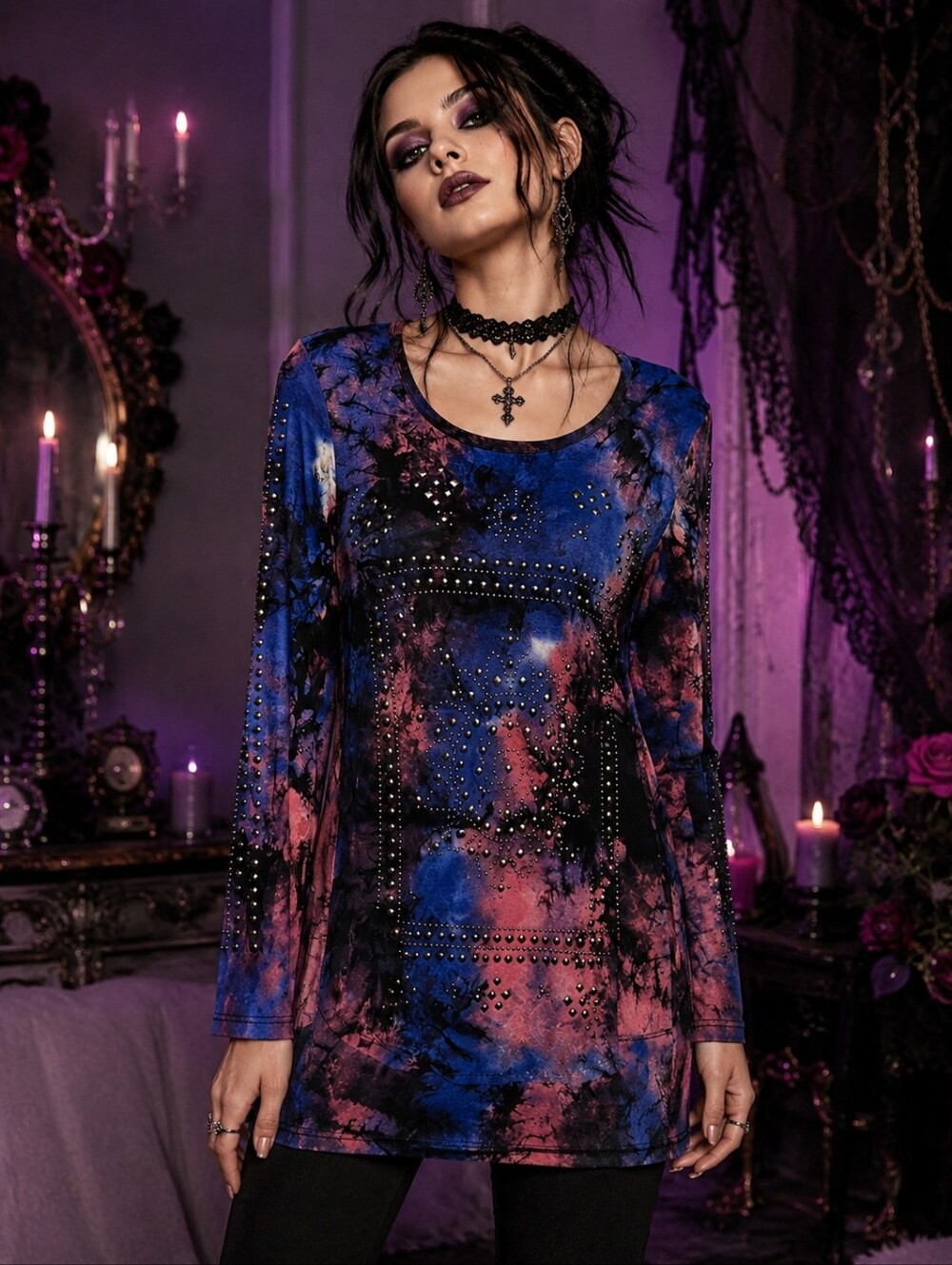 VOCAL Womens Small Blue Pink Purple  Studded Tunic Top Whimsigoth Y2K Rhinestone